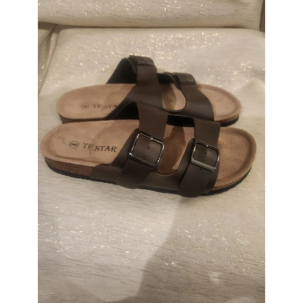 TF Star Brown Leather Unisex Flat Strap Sandals Adjustable Buckle Size 9